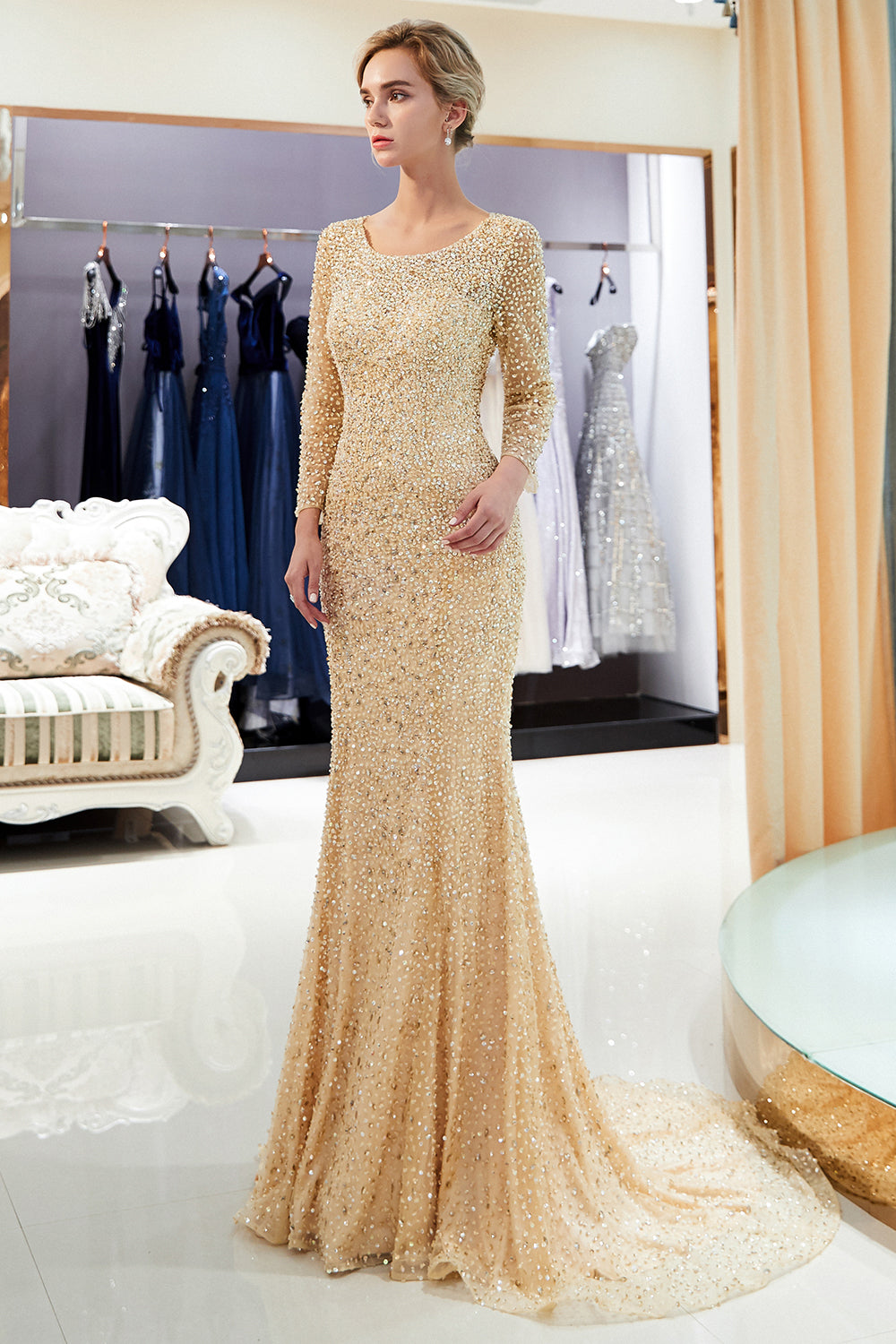 Long Mermaid Sequins Formal Evening Dresses with Sleeves-BIZTUNNEL