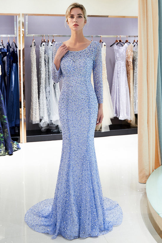 Long Mermaid Sequins Formal Evening Dresses with Sleeves-BIZTUNNEL