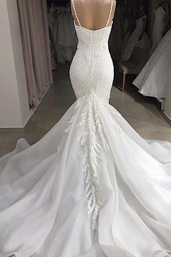 Long Mermaid Spaghetti Strap Appliques Lace Wedding Dress-BIZTUNNEL
