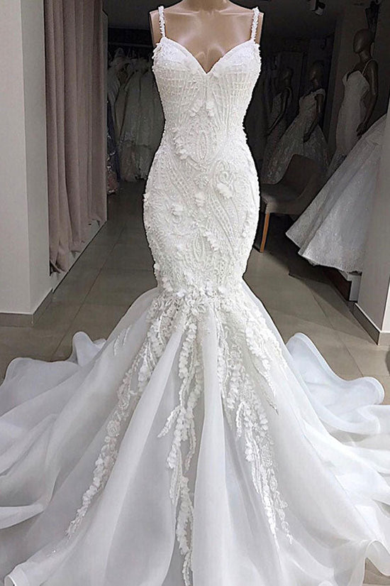 Long Mermaid Spaghetti Strap Appliques Lace Wedding Dress-BIZTUNNEL