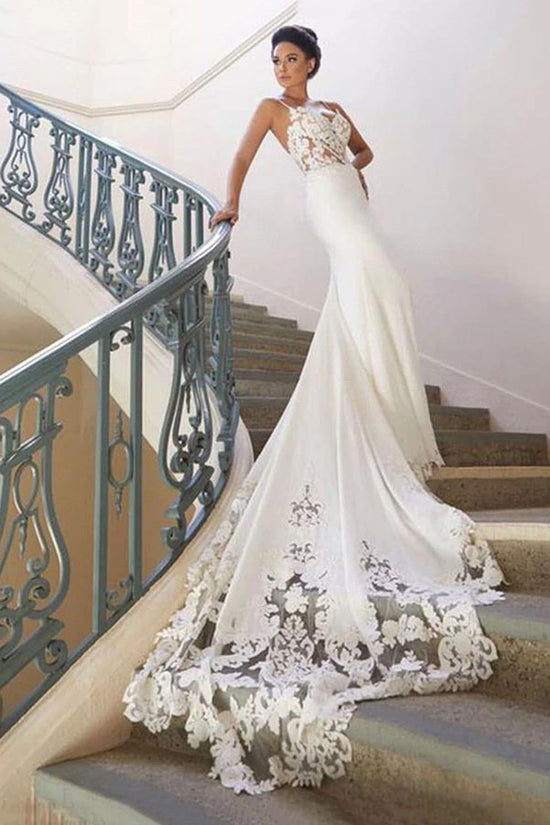 Long Mermaid Spaghetti Strap Lace Backless Wedding Dress-BIZTUNNEL