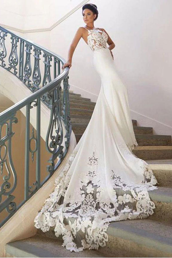 Long Mermaid Spaghetti Strap Lace Backless Wedding Dress BIZTUNNEL Long Mermaid Spaghetti Strap Lace Backless Wedding Dress BIZTUNNEL