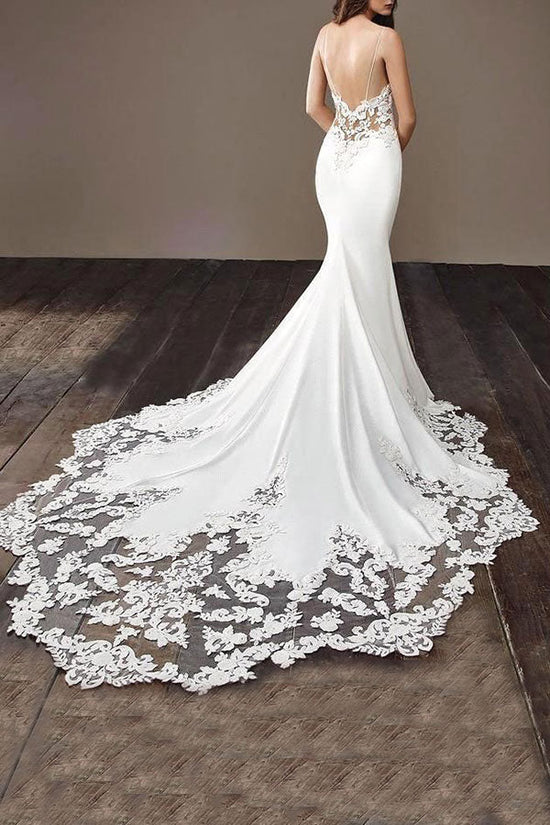 Carregar imagem no visualizador da galeria, Long Mermaid Spaghetti Strap Lace Backless Wedding Dress-BIZTUNNEL
