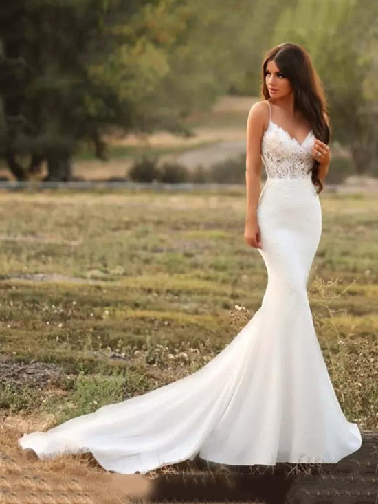 Load image into Gallery viewer, Long Mermaid Spaghetti Strap V Neck Satin Lace Wedding Dresses-BIZTUNNEL
