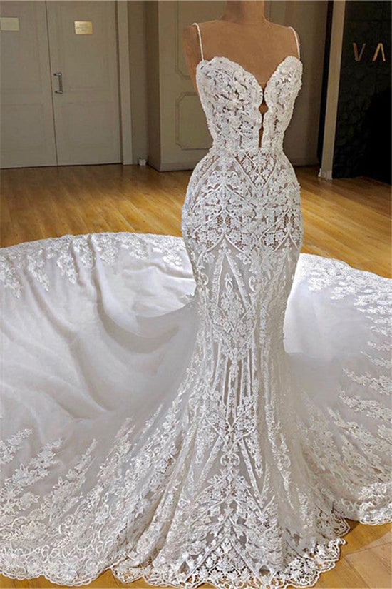 Charger l&amp;#39;image dans la galerie, Long Mermaid Spaghetti Straps Appliques Lace Wedding Dress With Cathedral Train-BIZTUNNEL

