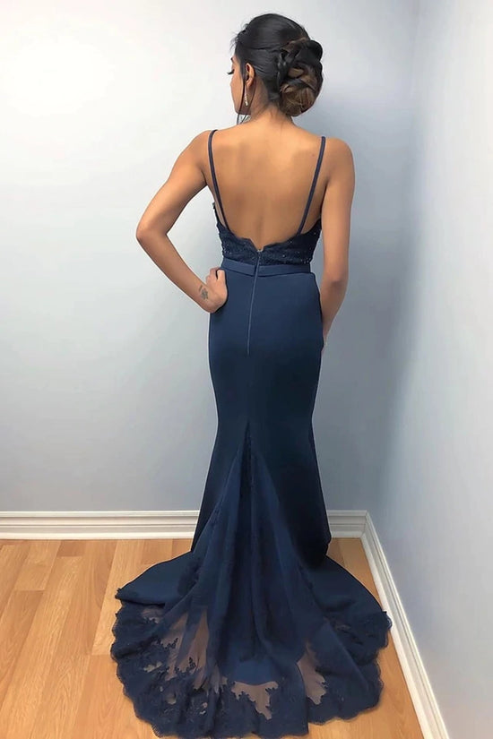 Long Mermaid Spaghetti Straps Backless Lace Beaded Prom Formal Evening Dresses-BIZTUNNEL