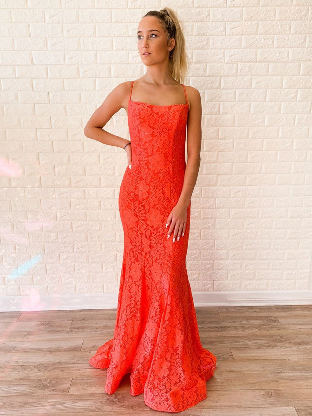 Long Mermaid Spaghetti Straps Lace Open Back Formal Prom Dress-BIZTUNNEL