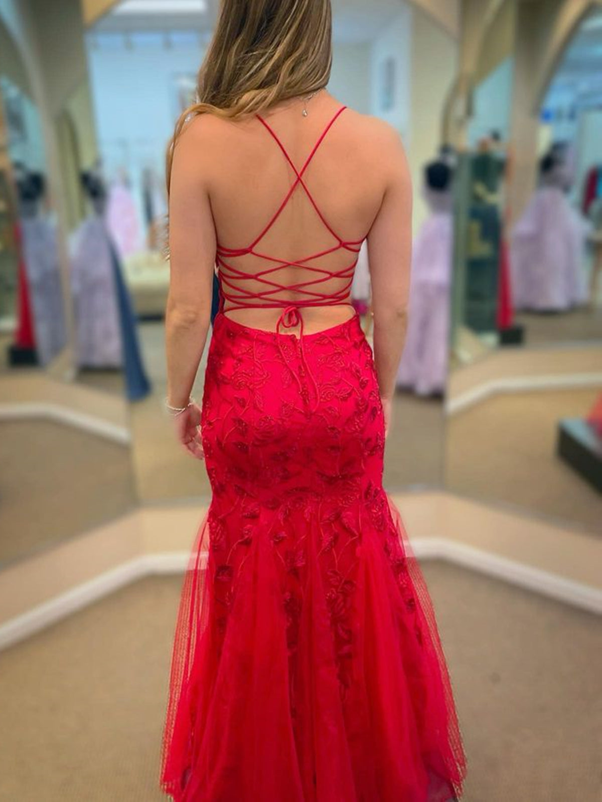 Long Mermaid Spaghetti Straps Tulle Lace Open Back Prom Dress Red
