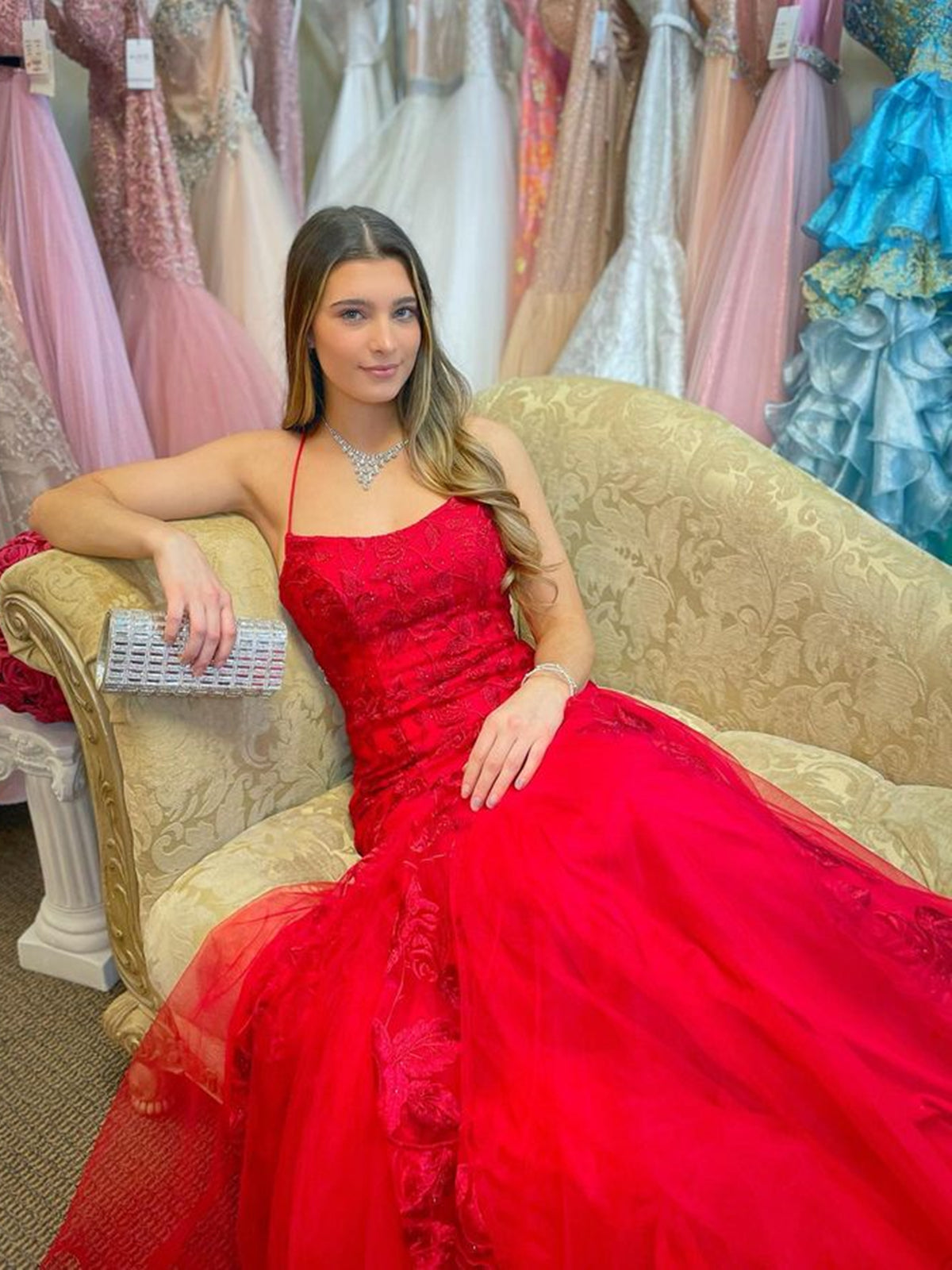Long Mermaid Spaghetti Straps Tulle Lace Open Back Prom Dress Red Formal Evening Gowns-BIZTUNNEL
