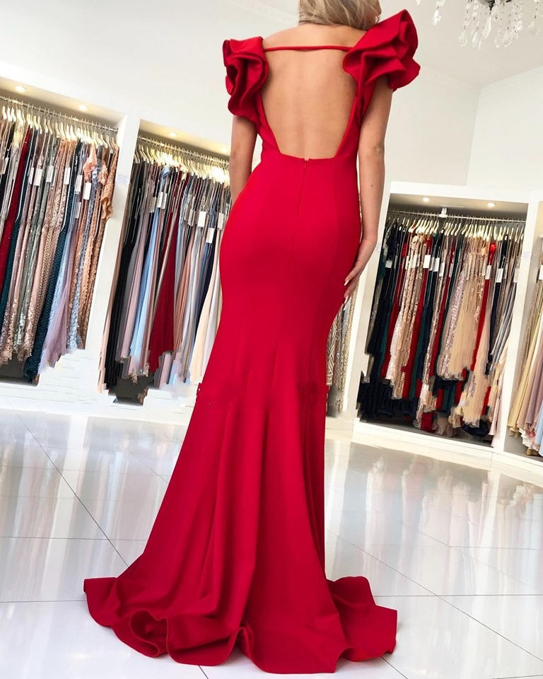 Long Mermaid Square Neckline Satin Open Back Red Prom Dresses-BIZTUNNEL