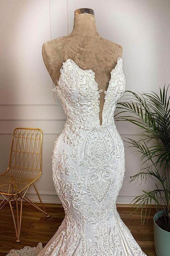 Long Mermaid Strapless Appliques Lace Satin Wedding Dress-BIZTUNNEL