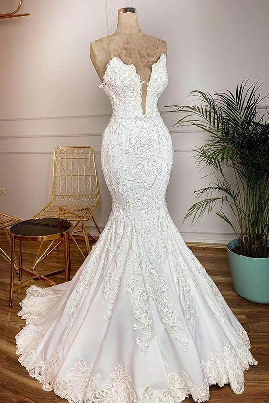 Long Mermaid Strapless Appliques Lace Satin Wedding Dress-BIZTUNNEL