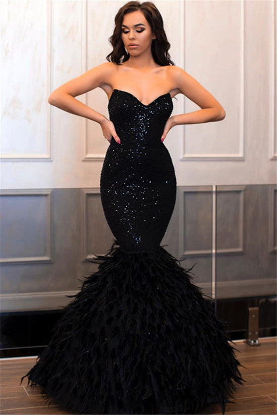 Long Mermaid Strapless Black Sequined Prom Dress-BIZTUNNEL