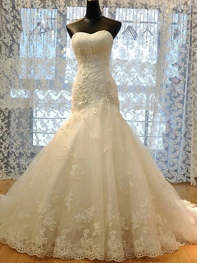 Long Mermaid Strapless Court Train Lace Organza Wedding Dresses Long Mermaid Strapless Court Train Lace Organza Wedding Dresses