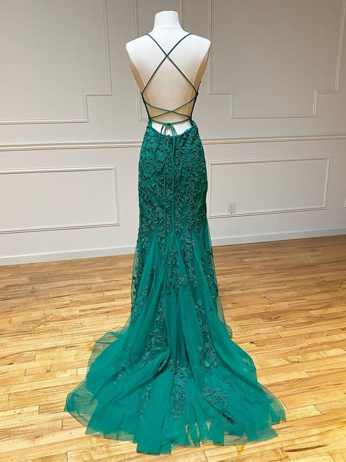 Long Mermaid Strapless Tulle Open Back Lace Formal Prom Dresses-BIZTUNNEL