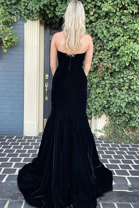 Long Mermaid Strapless Velvet Prom Dress Black Formal Graduation Evening Dresses-BIZTUNNEL