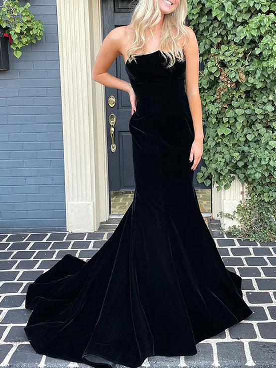 Long Mermaid Strapless Velvet Prom Dress Black Formal Graduation Evening Dresses-BIZTUNNEL