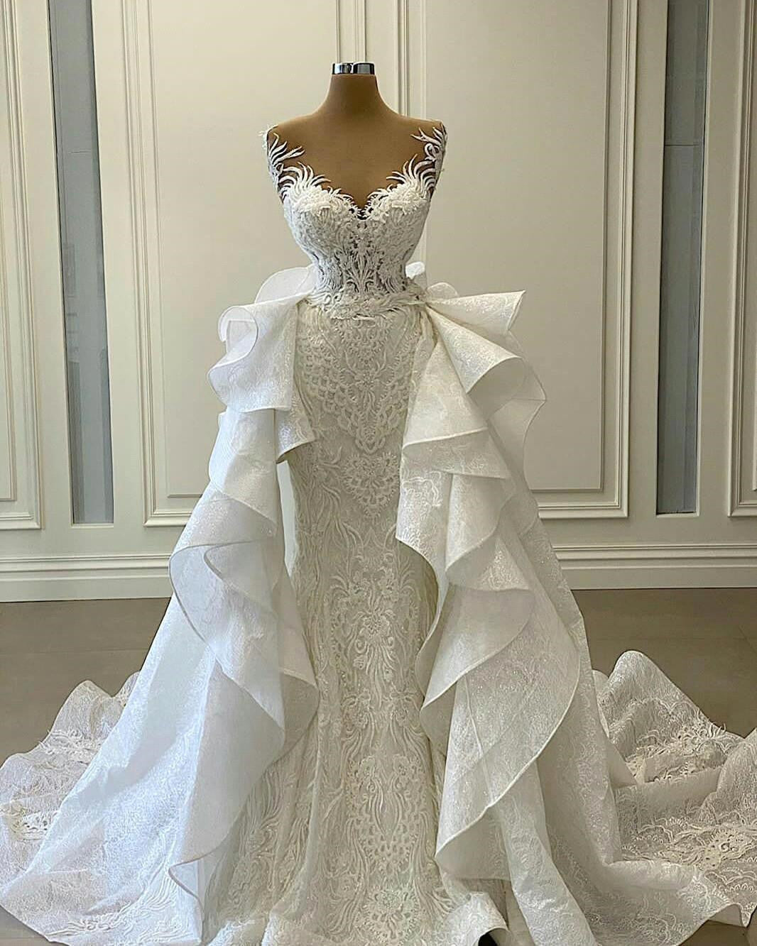 Vintage Mermaid Sweetheart Chiffon Lace Long Wedding Dress main image 0