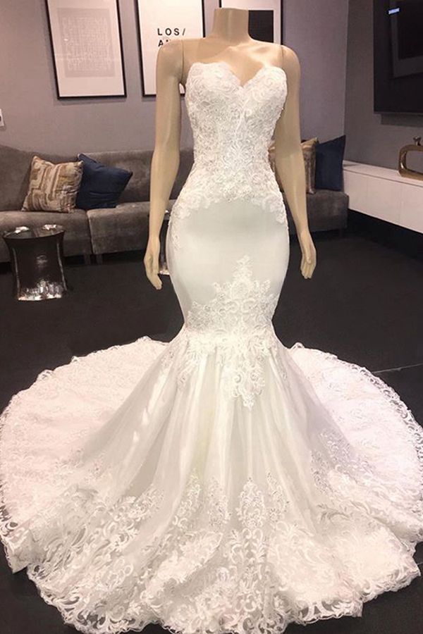 Long Mermaid Sweetheart Appliques Lace Wedding Dress-BIZTUNNEL