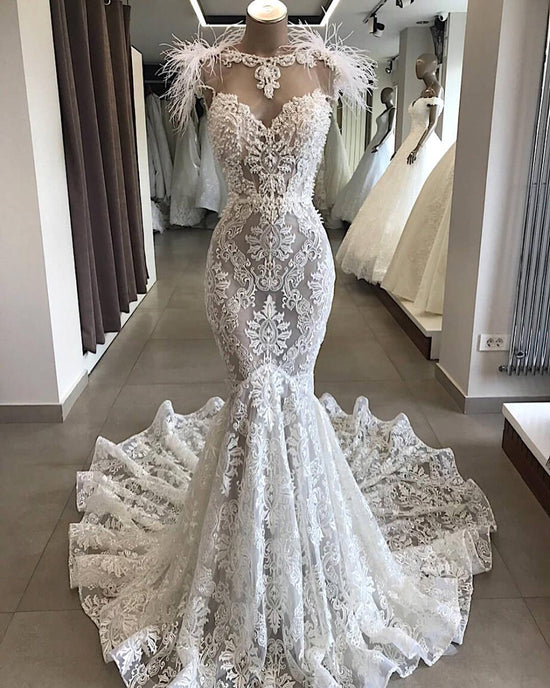 Load image into Gallery viewer, Long Mermaid Sweetheart Beading Appliques Lace Wedding Dress-BIZTUNNEL
