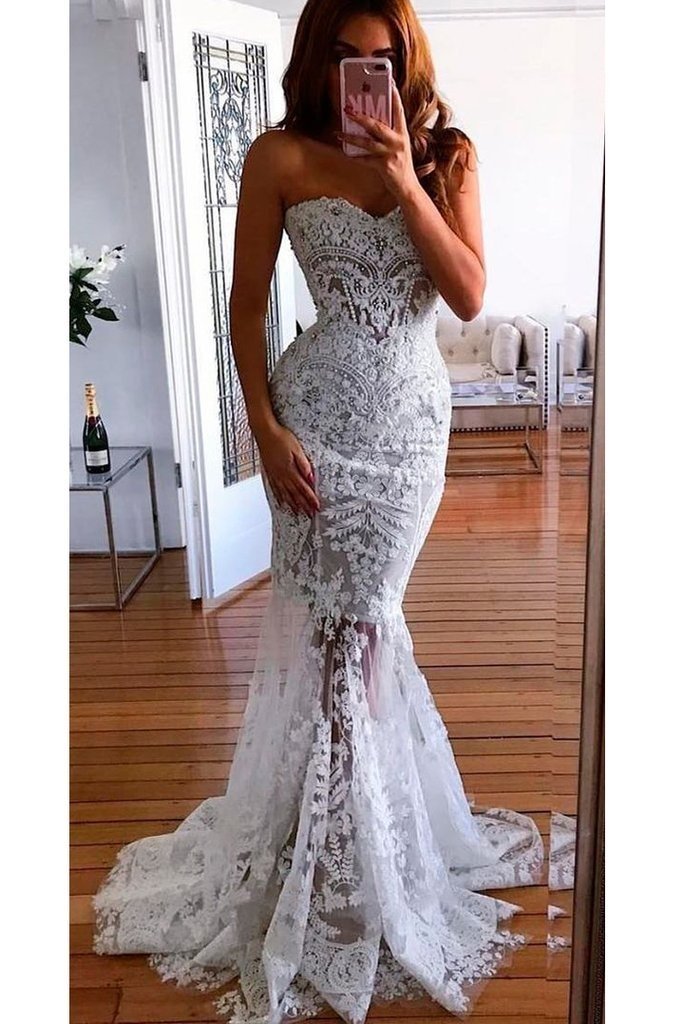 Long Mermaid Sweetheart Lace Appliques See through Wedding Dress-BIZTUNNEL