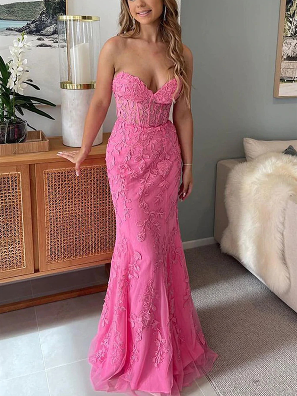 Long Mermaid Sweetheart Lace Prom Dress Fuchsia Formal Evening Gowns-BIZTUNNEL
