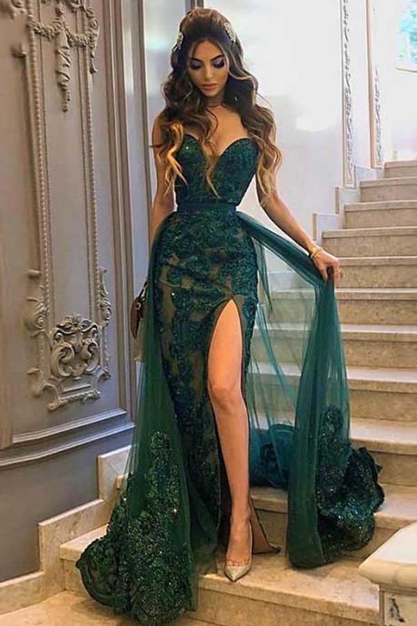 Long Mermaid Sweetheart Lace Prom Dresses with Slit-BIZTUNNEL