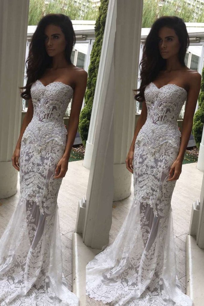 Long Mermaid Sweetheart Lace Wedding Dress-BIZTUNNEL