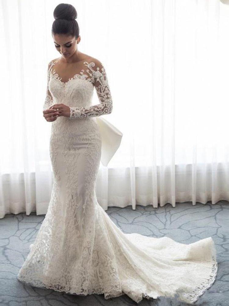 Long Mermaid Sweetheart Lace Wedding Dresses with Sleeves-BIZTUNNEL
