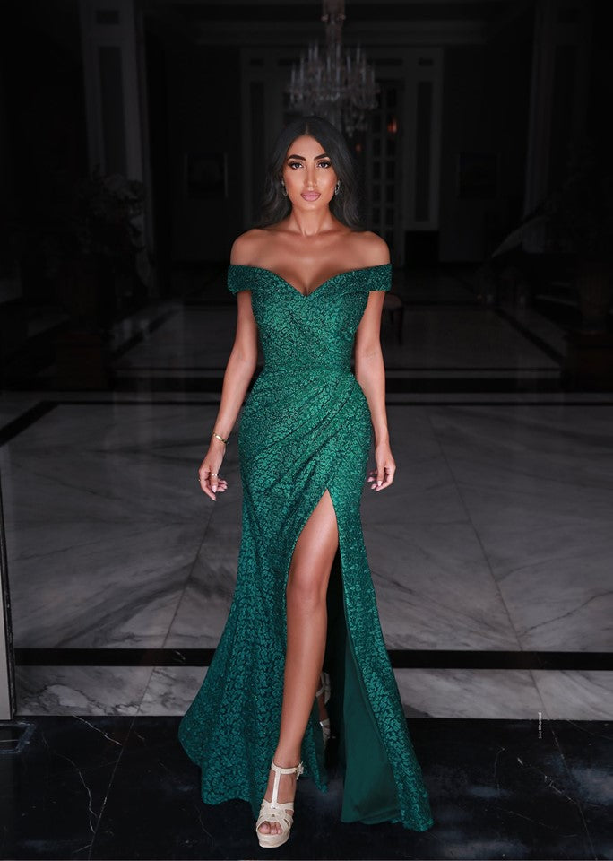 Long Mermaid Sweetheart Off-the-shoulder Green Prom Dresses with Slit-BIZTUNNEL