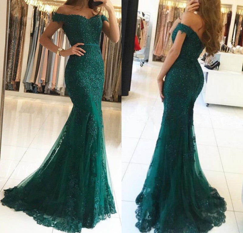 Long Mermaid Sweetheart Off-the-shoulder Tulle Lace Backless Prom Dress-BIZTUNNEL