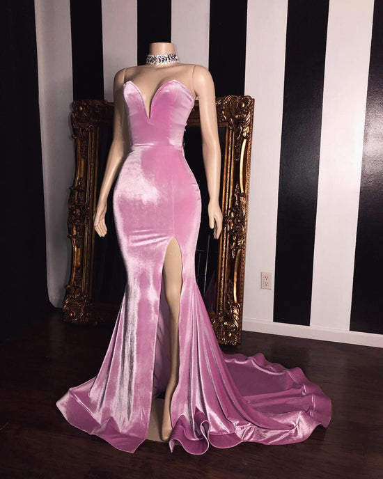 Carregar imagem no visualizador da galeria, Long Mermaid Sweetheart Pink Velvet Prom Dresses with Slit-BIZTUNNEL
