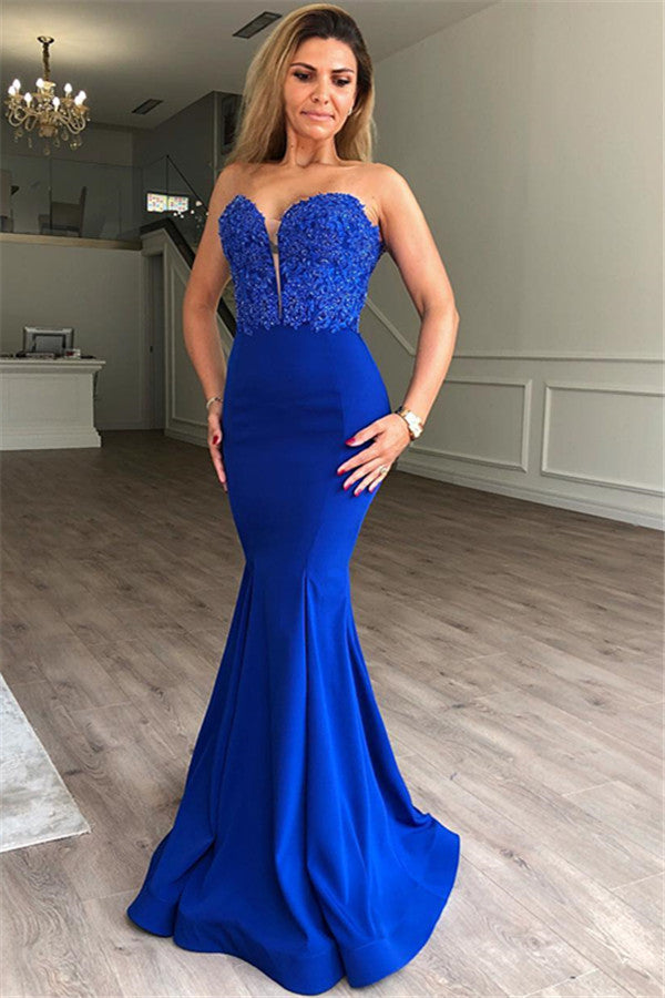 Load image into Gallery viewer, Long Mermaid Sweetheart Satin Royal Blue Prom Dress-BIZTUNNEL
