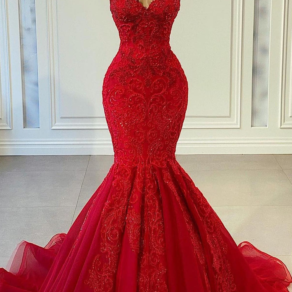 Ruby Passion Sleeveless Mermaid Prom Gown Adorned with Beadwork