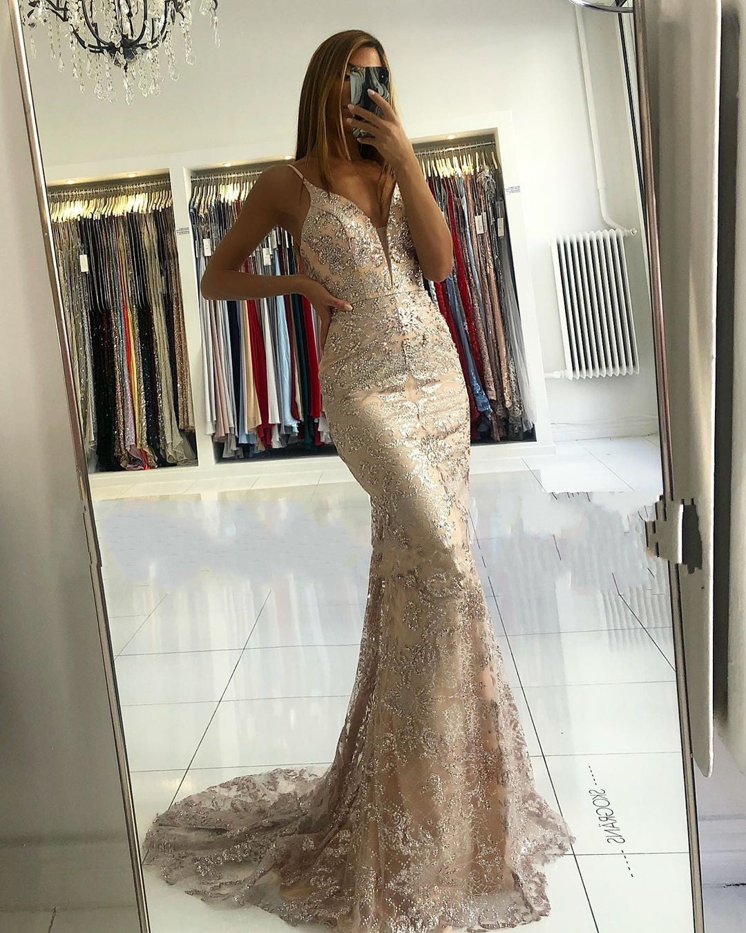 Long Mermaid Sweetheart Spaghetti Straps Appliques Lace Prom Dress-BIZTUNNEL