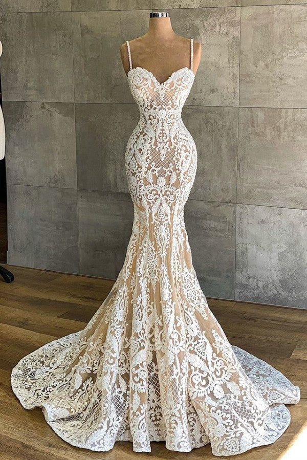 Luxury Mermaid Wedding Dress For Women Lace Appliques V-neck Spaghetti Straps Vestido De Novia Backless Bridal Gown Court Train