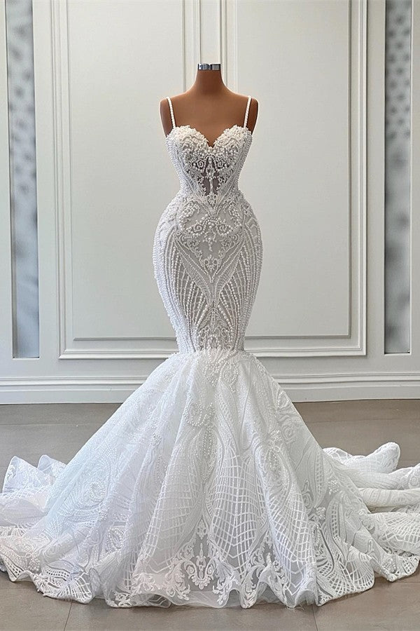 Long Mermaid Sweetheart Spaghetti Straps Tulle Beading Wedding Dress w – BIZTUNNEL