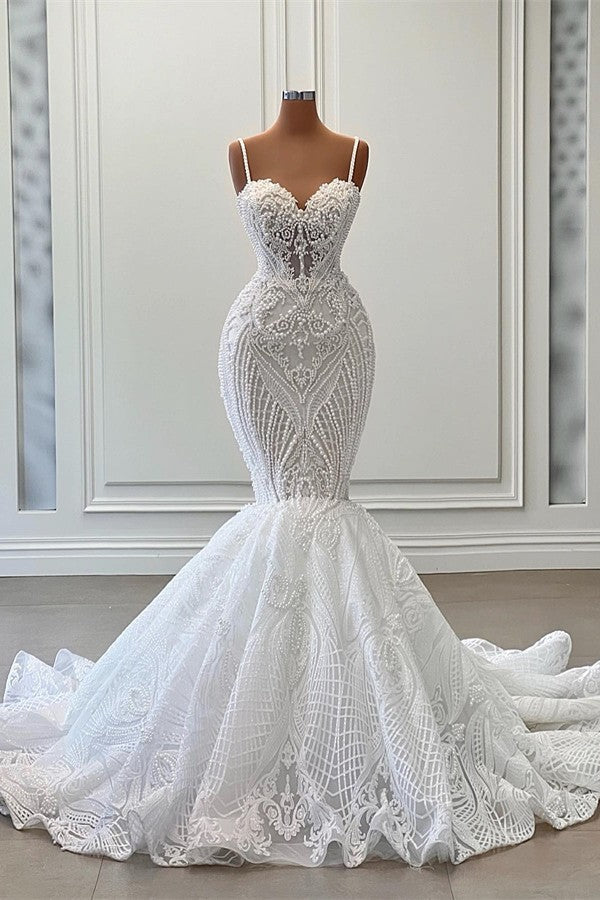 Long Mermaid Sweetheart Spaghetti Straps Tulle Beading Wedding Dress with Ruffles-BIZTUNNEL