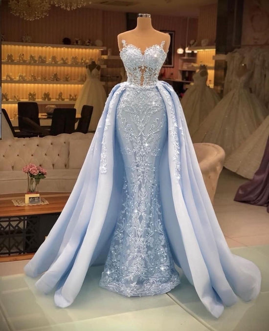 Long Mermaid Sweetheart Tulle Glitter Prom Dress with Detachable Sweep Train-BIZTUNNEL