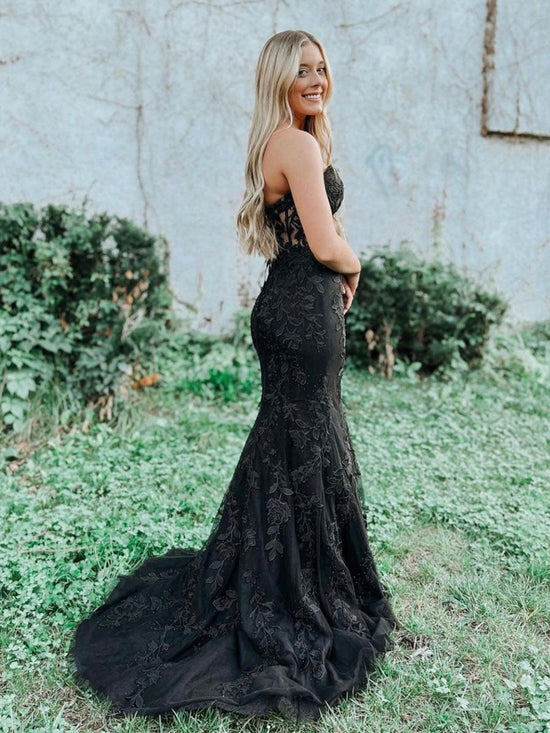 Long Mermaid Sweetheart Tulle Lace Prom Dress Black Formal Evening Gowns-BIZTUNNEL