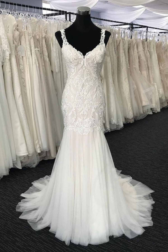 Long Mermaid Tulle V Neck Lace Wedding Dress-BIZTUNNEL