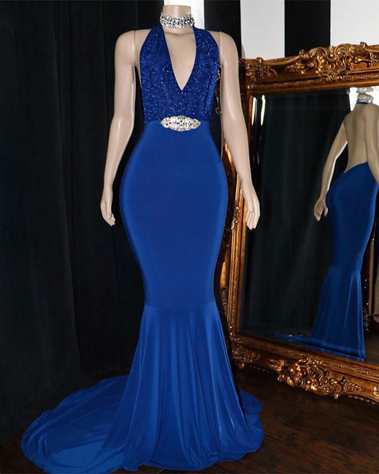 Load image into Gallery viewer, Long Mermaid V-neck Appliques Backless Prom Dress-BIZTUNNEL
