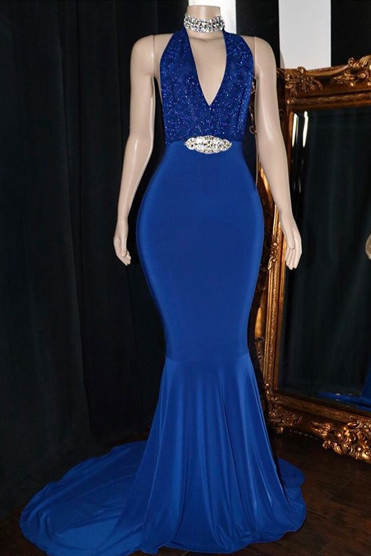 Load image into Gallery viewer, Long Mermaid V-neck Appliques Backless Prom Dress-BIZTUNNEL

