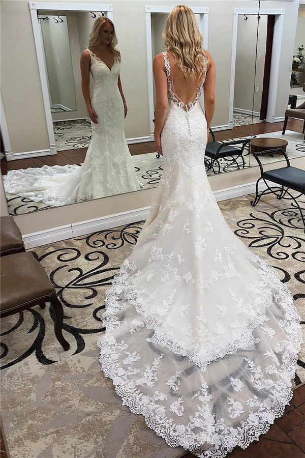 Long Mermaid V Neck Backless Applique Lace Charpel Train Wedding Dresses-BIZTUNNEL