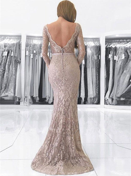 Long Mermaid V-neck Backless Lace Prom Dress with Sleeves-BIZTUNNEL
