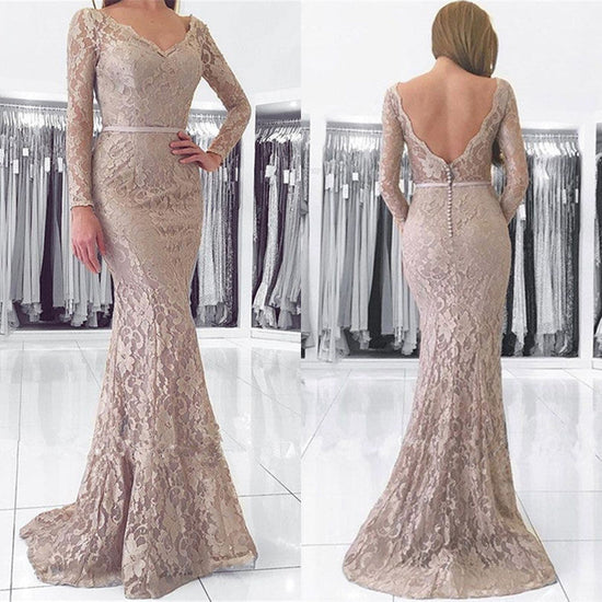 Long Mermaid V-neck Backless Lace Prom Dress with Sleeves-BIZTUNNEL