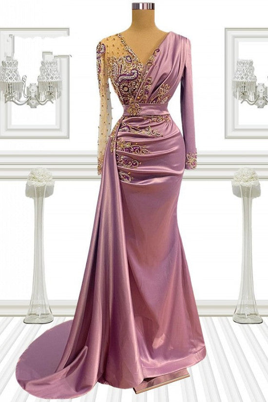 Long Mermaid V-neck Beading Satin Prom Dress with Sleeves-BIZTUNNEL