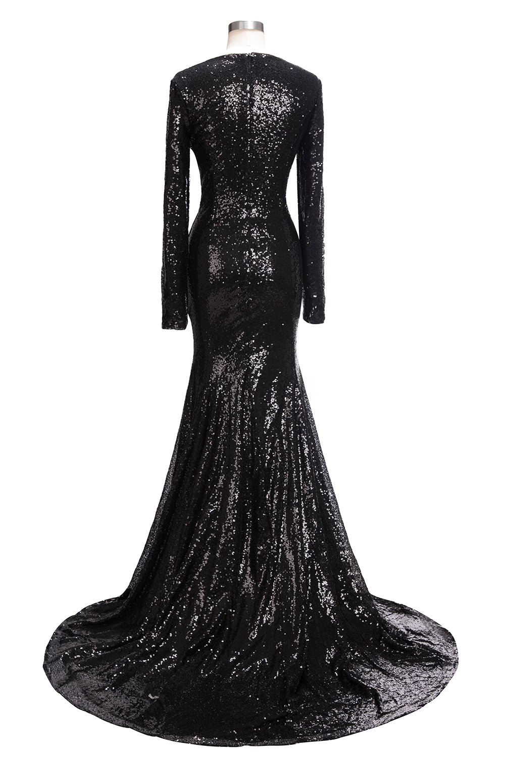 Long Mermaid V-Neck Black Sequins Prom Dresses with Sleeves-BIZTUNNEL