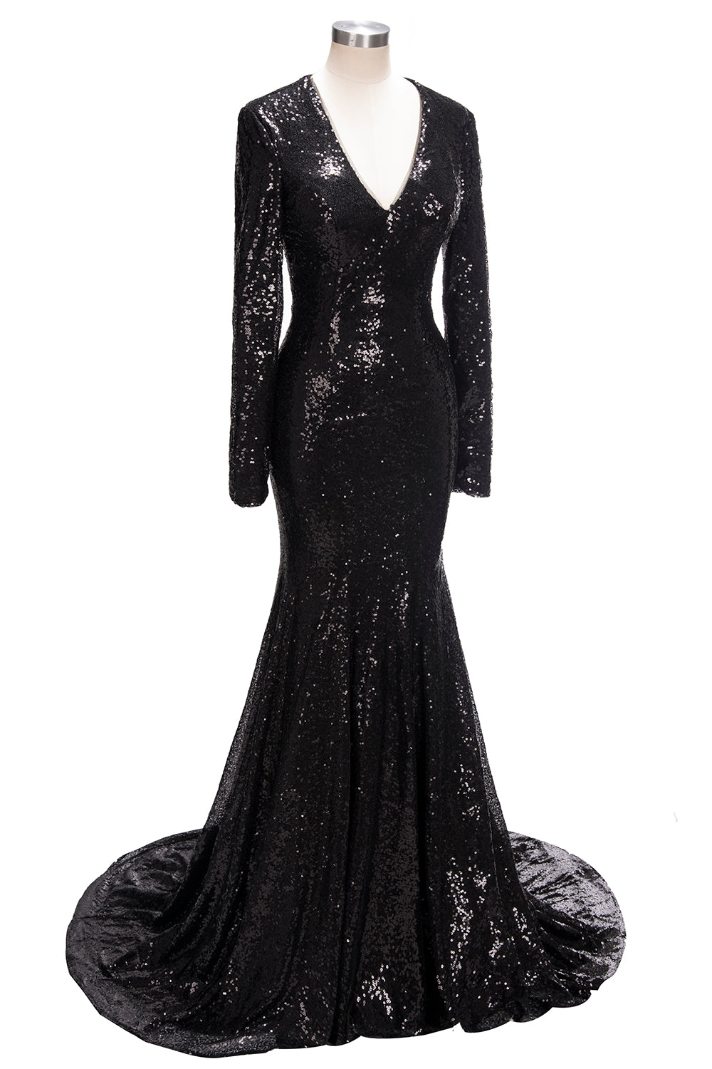 Load image into Gallery viewer, Long Mermaid V-Neck Black Sequins Prom Dresses with Sleeves-BIZTUNNEL
