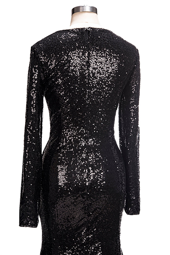 Long Mermaid V-Neck Black Sequins Prom Dresses with Sleeves-BIZTUNNEL